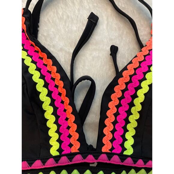 NWT POPVIL High Waisted Cut Cheeky Two Piece Swimsuit Medium Black Neon Shell - Picture 12 of 14